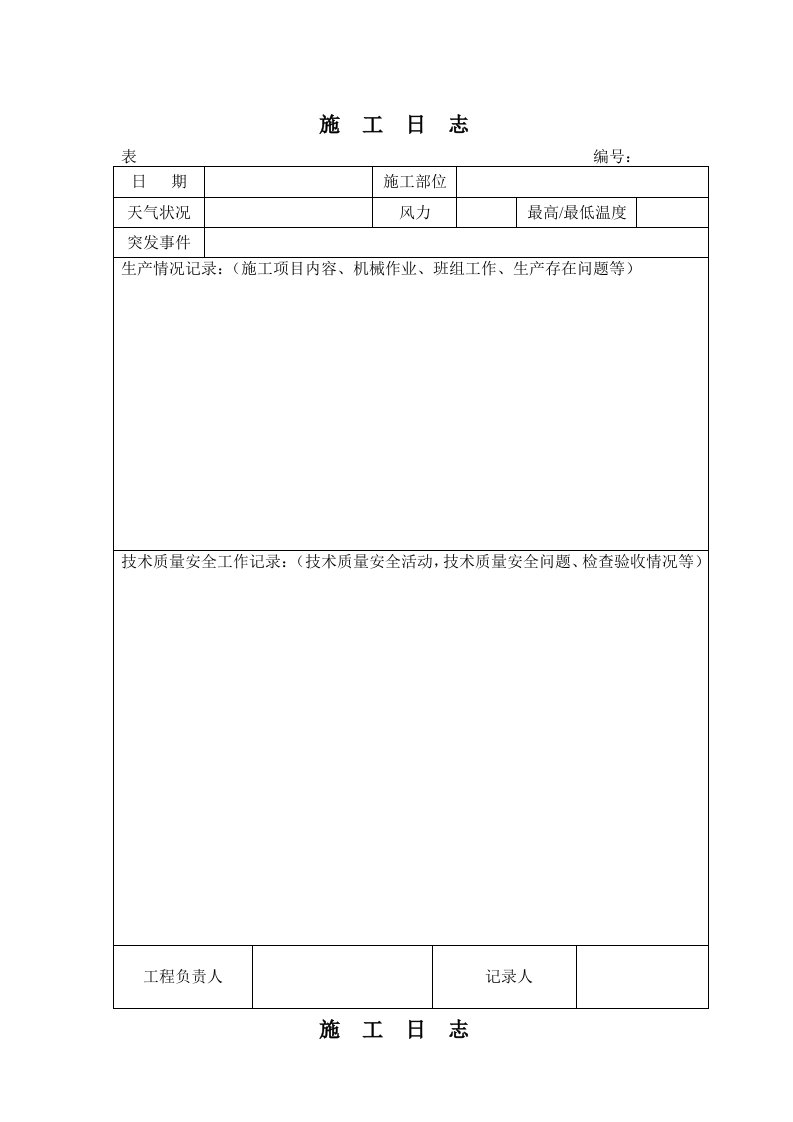 施工日志空白表格及范文