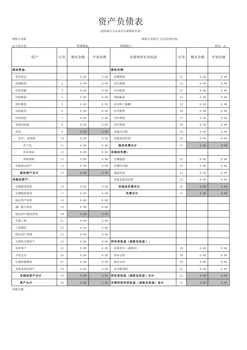 资产负债表(小企业会计准则)模板带自动计算公式