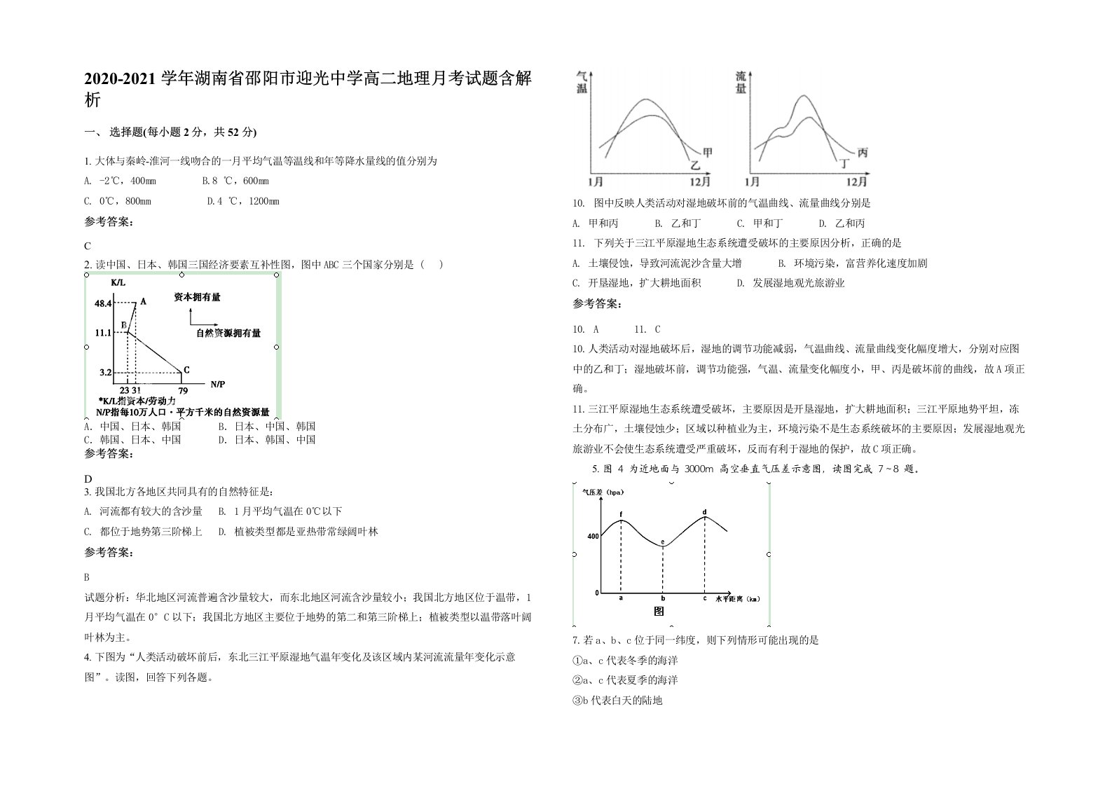 2020-2021学年湖南省邵阳市迎光中学高二地理月考试题含解析