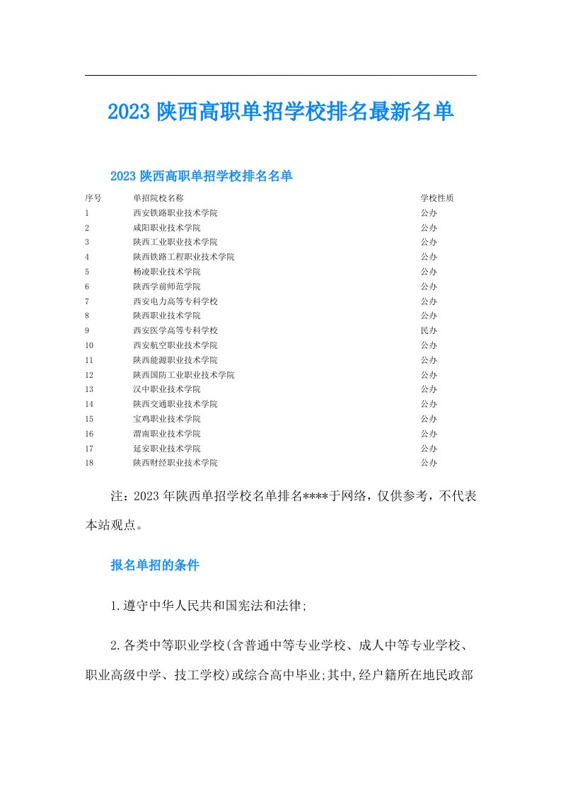 陕西高职单招学校排名最新名单