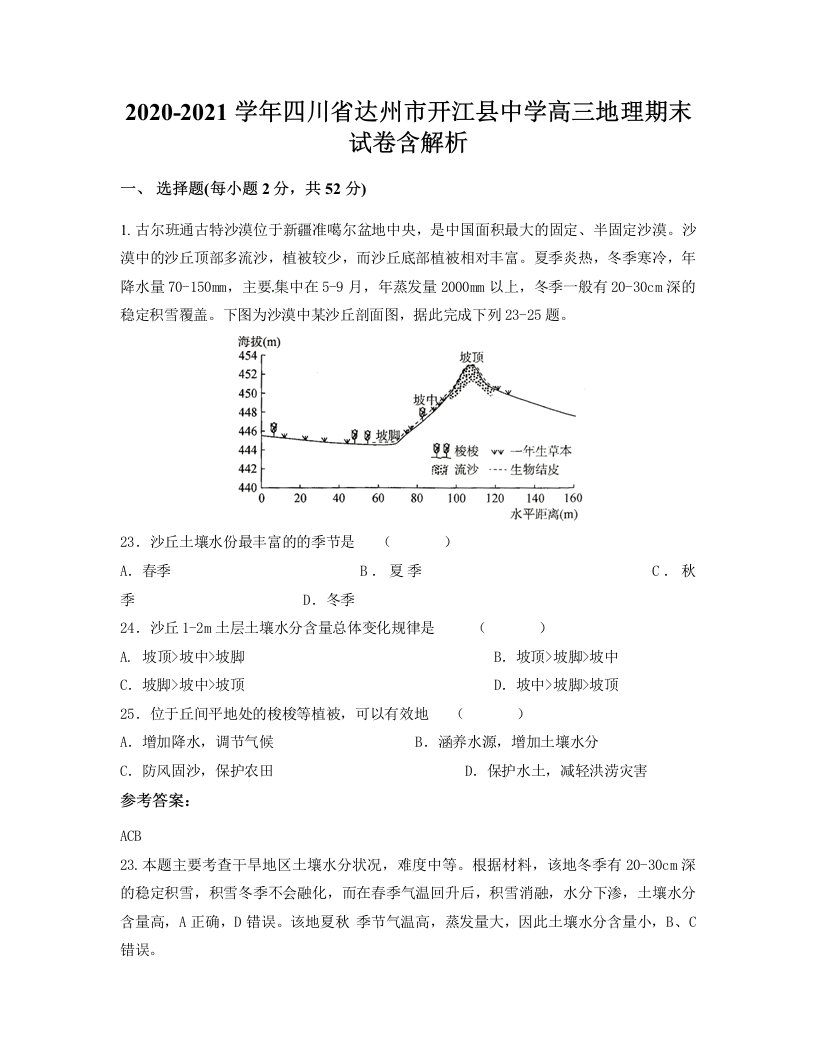 2020-2021学年四川省达州市开江县中学高三地理期末试卷含解析