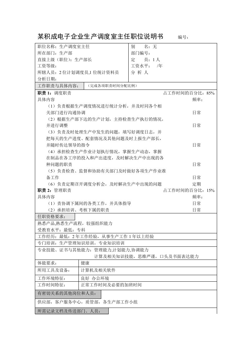 电子行业-积成电子企业生产调度室主任职位说明书