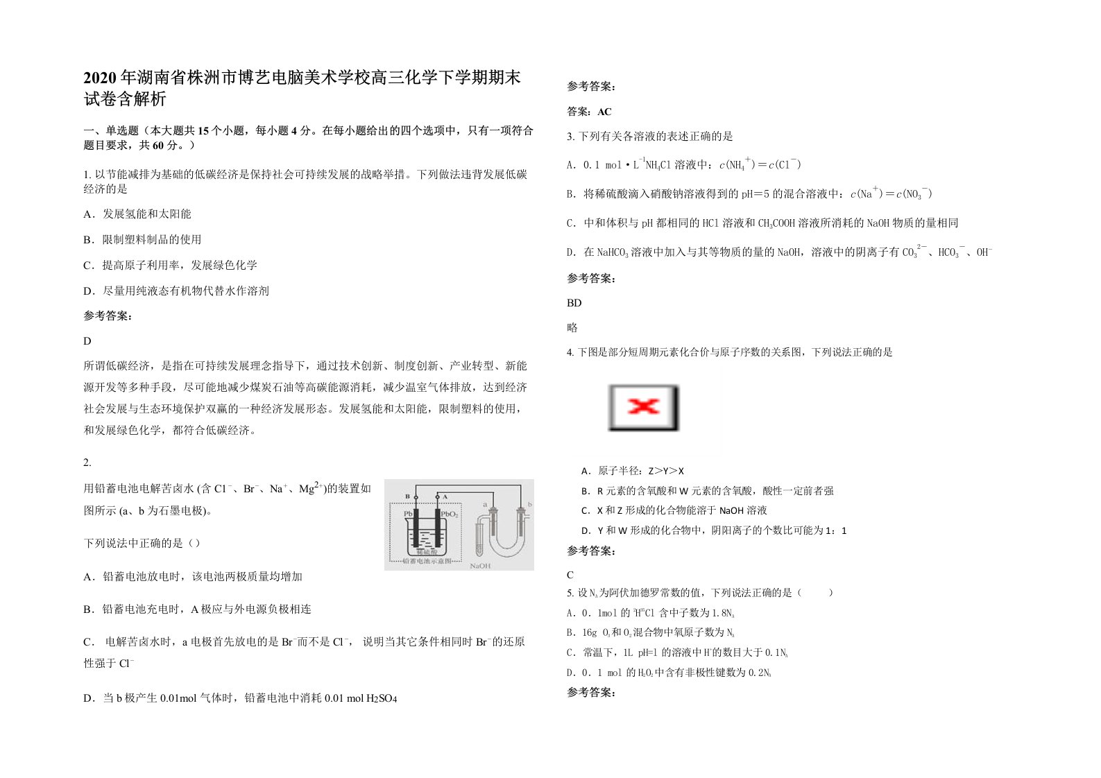 2020年湖南省株洲市博艺电脑美术学校高三化学下学期期末试卷含解析