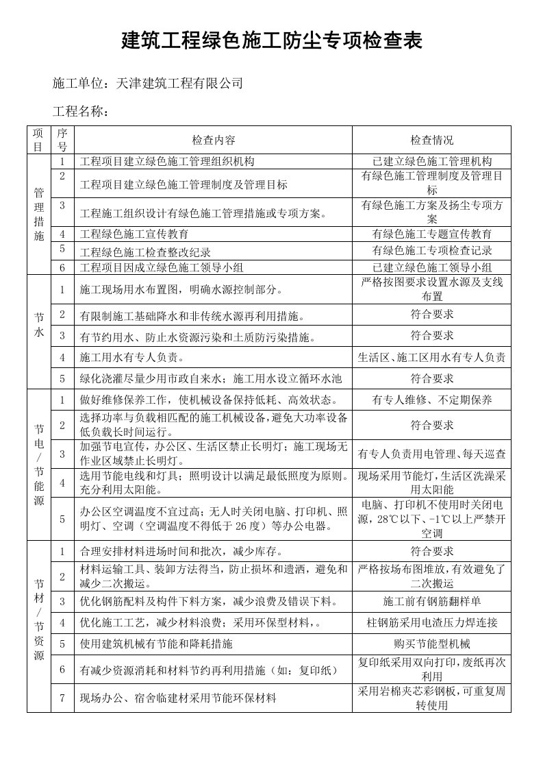 建筑工程绿色施工防尘专项检查表