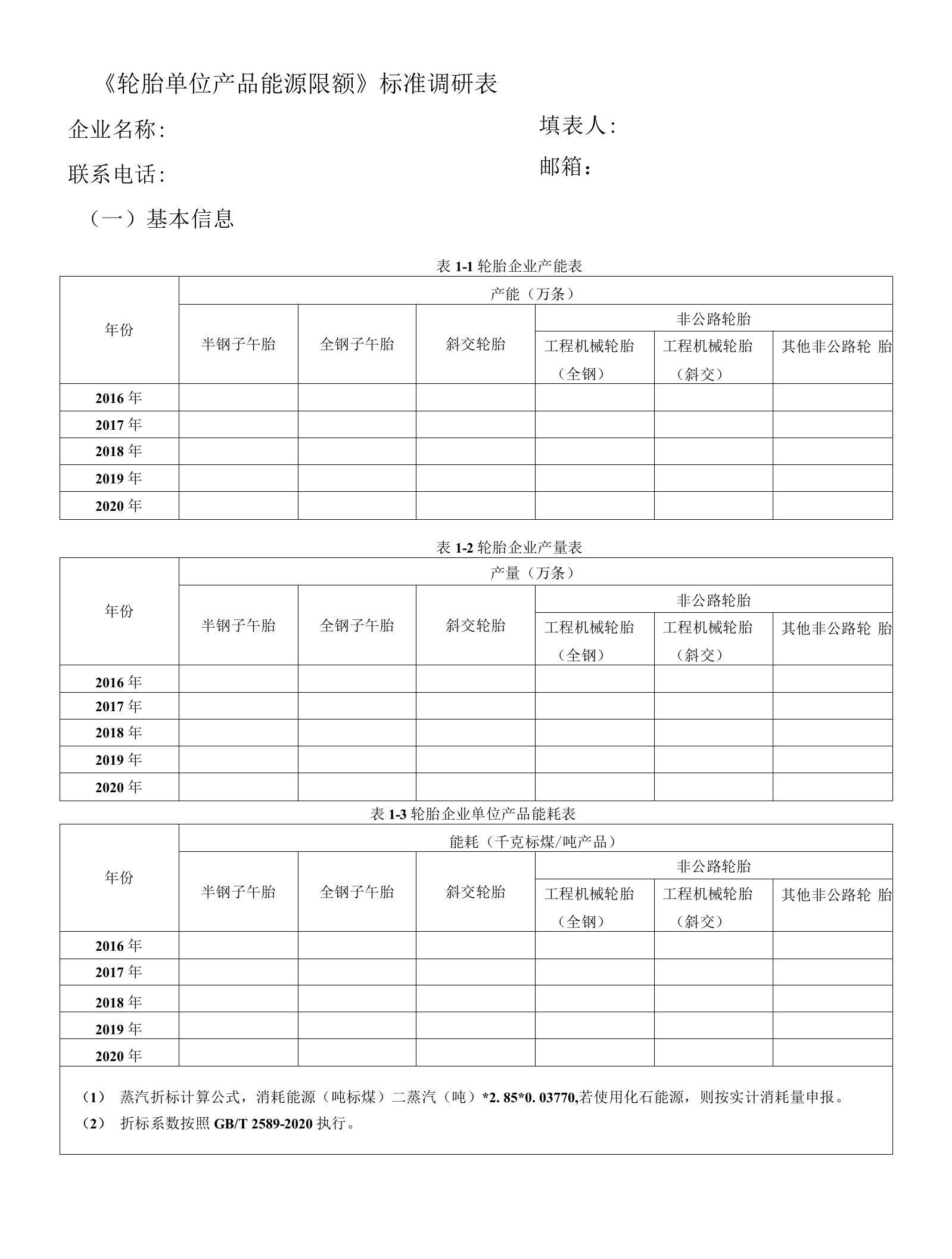 《轮胎单位产品能源限额》标准调研表