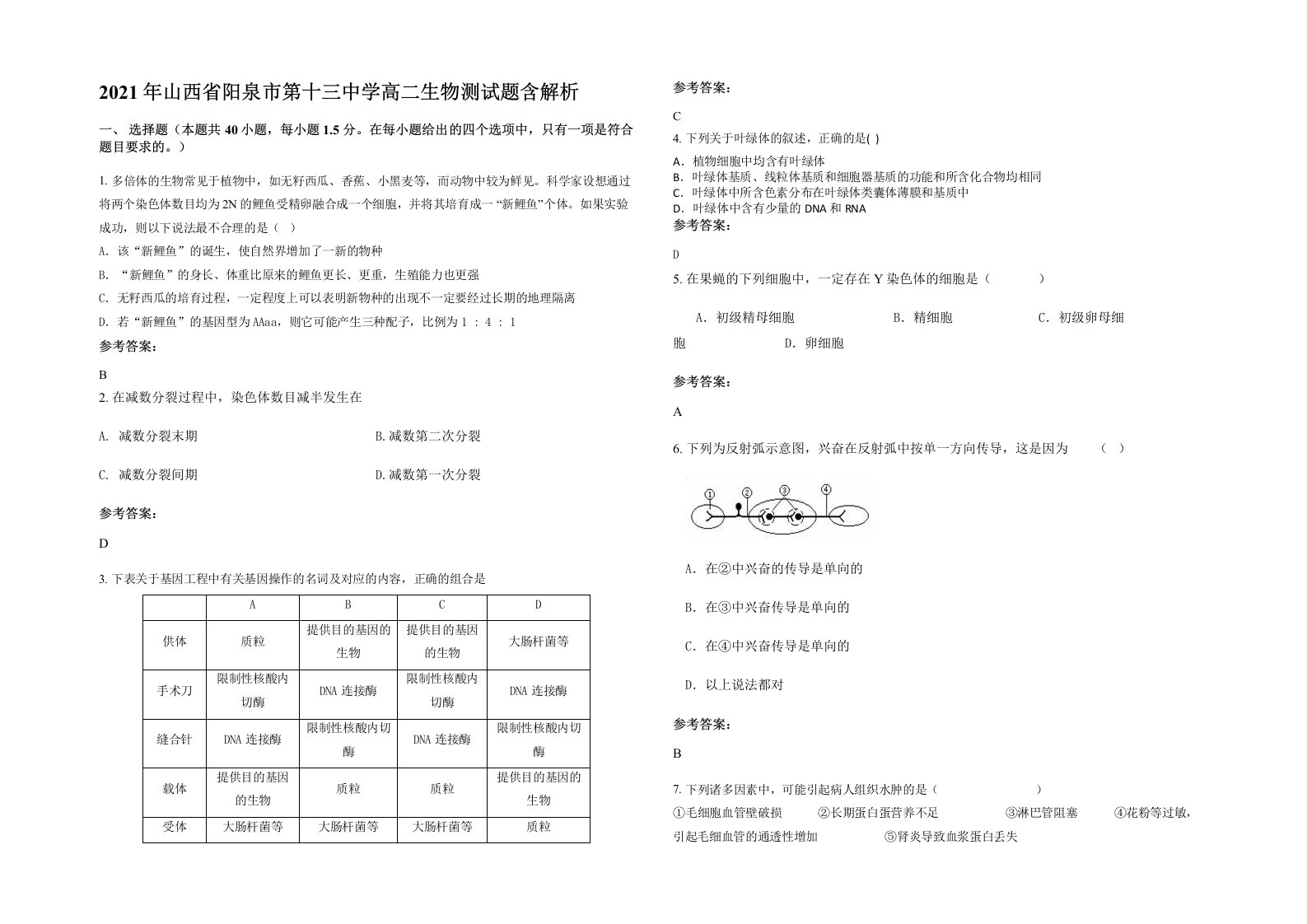 2021年山西省阳泉市第十三中学高二生物测试题含解析