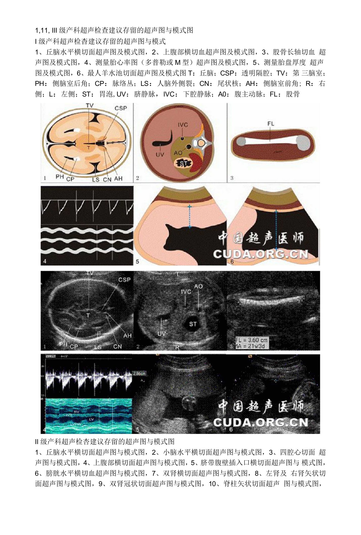 Ⅰ,Ⅱ,Ⅲ级产科超声检查建议存留的超声图与模式图
