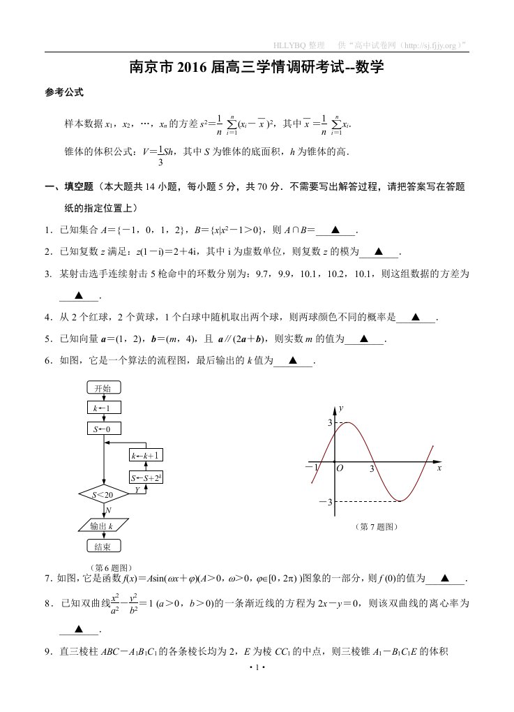 江苏省南京市2016届高三上学期学情调研考试数学