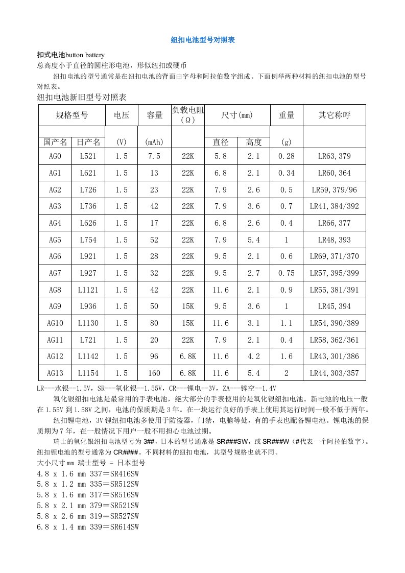 纽扣电池型号对照表