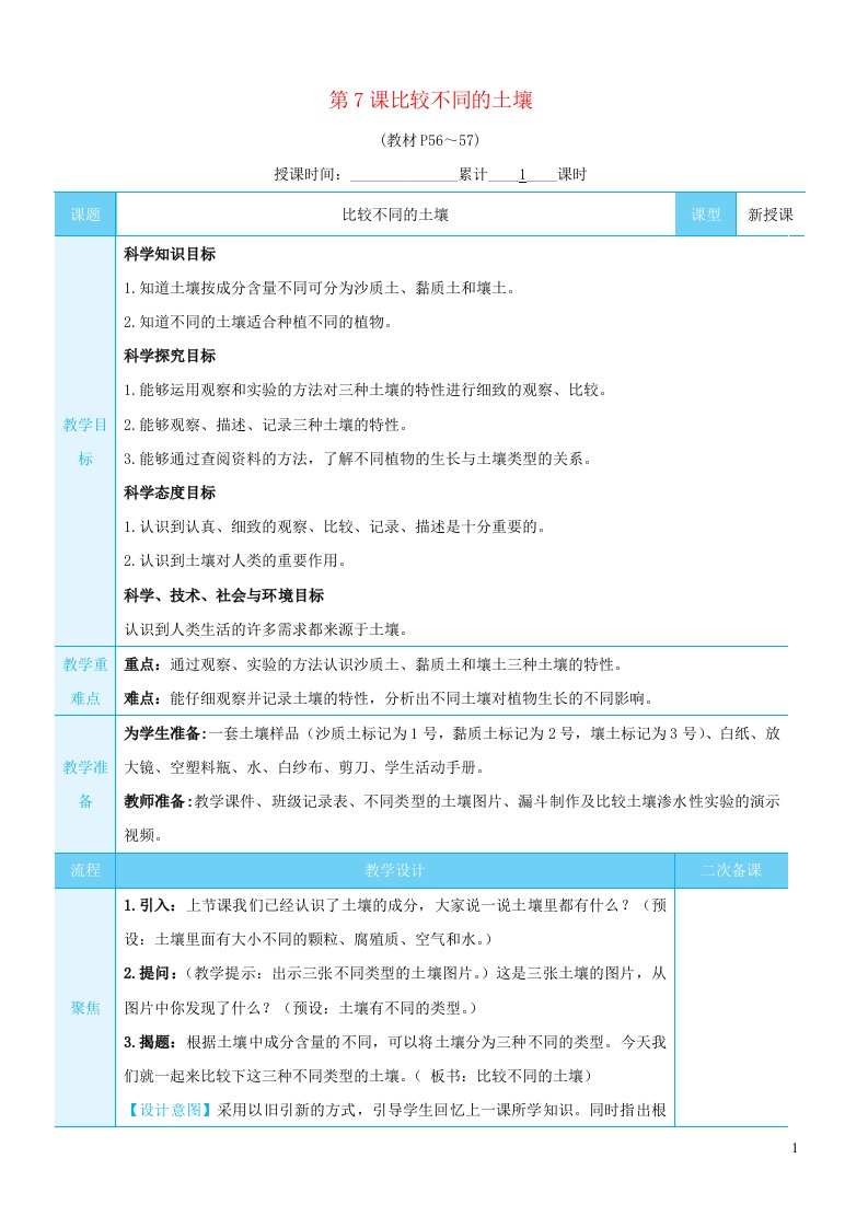 2023四年级科学下册第三单元岩石与土壤第7课比较不同的土壤教案教科版