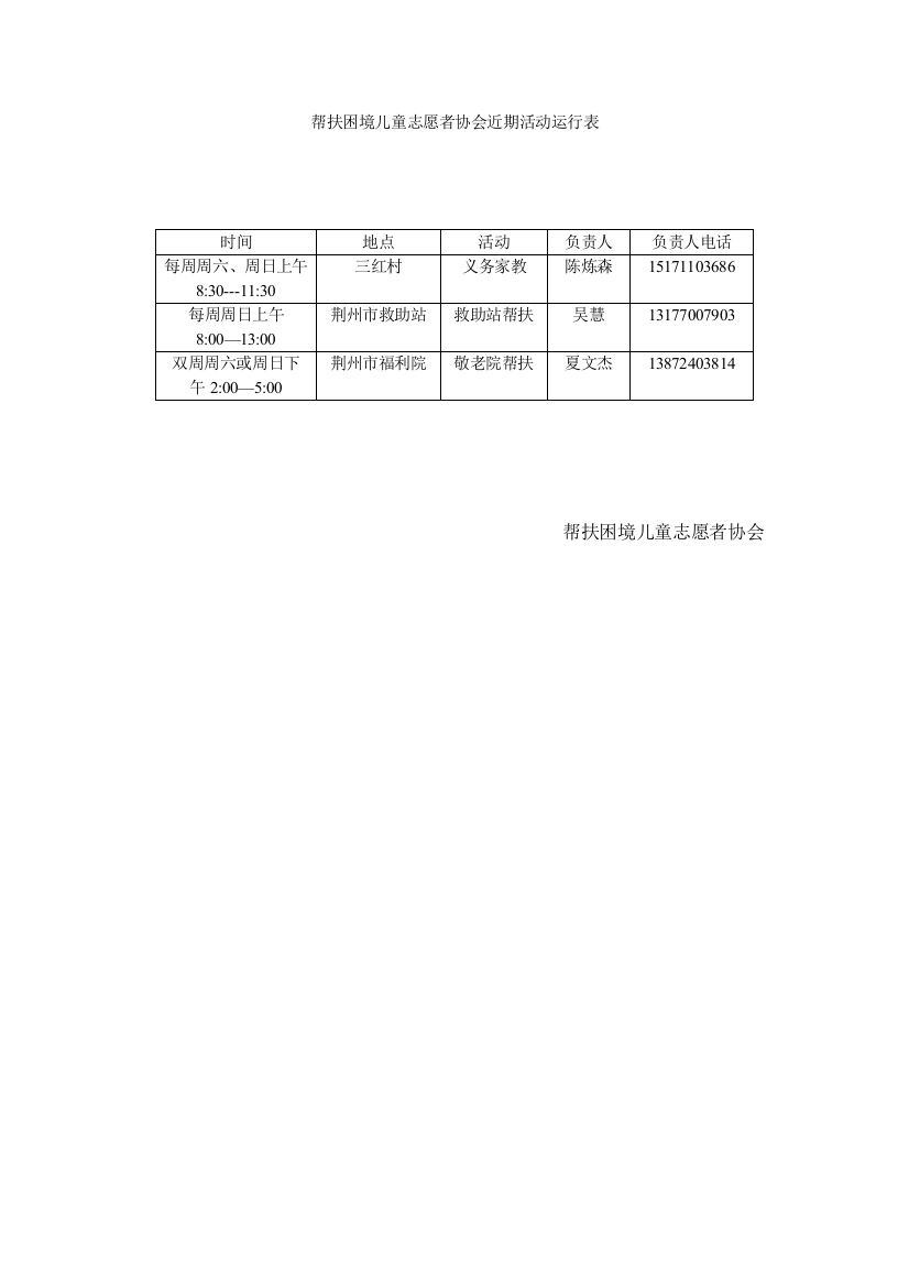 帮扶困境儿童志愿者协会近期活动运行表