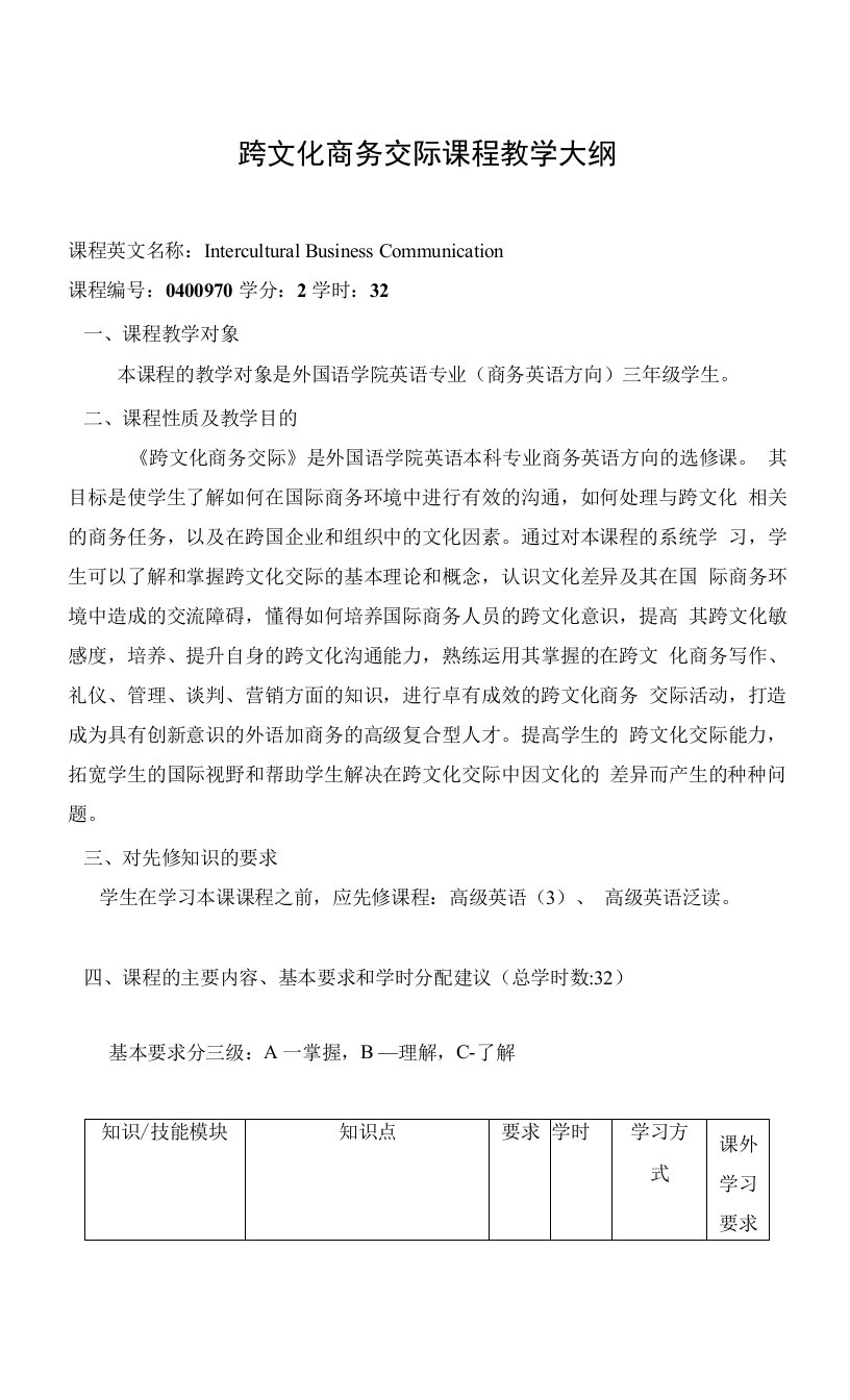 跨文化商务交际课程教学大纲