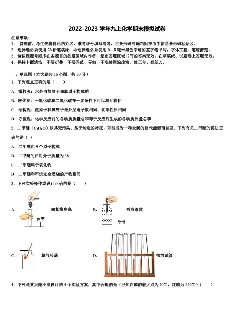 2023届四川省成都实验外国语学校九年级化学第一学期期末检测模拟试题含解析