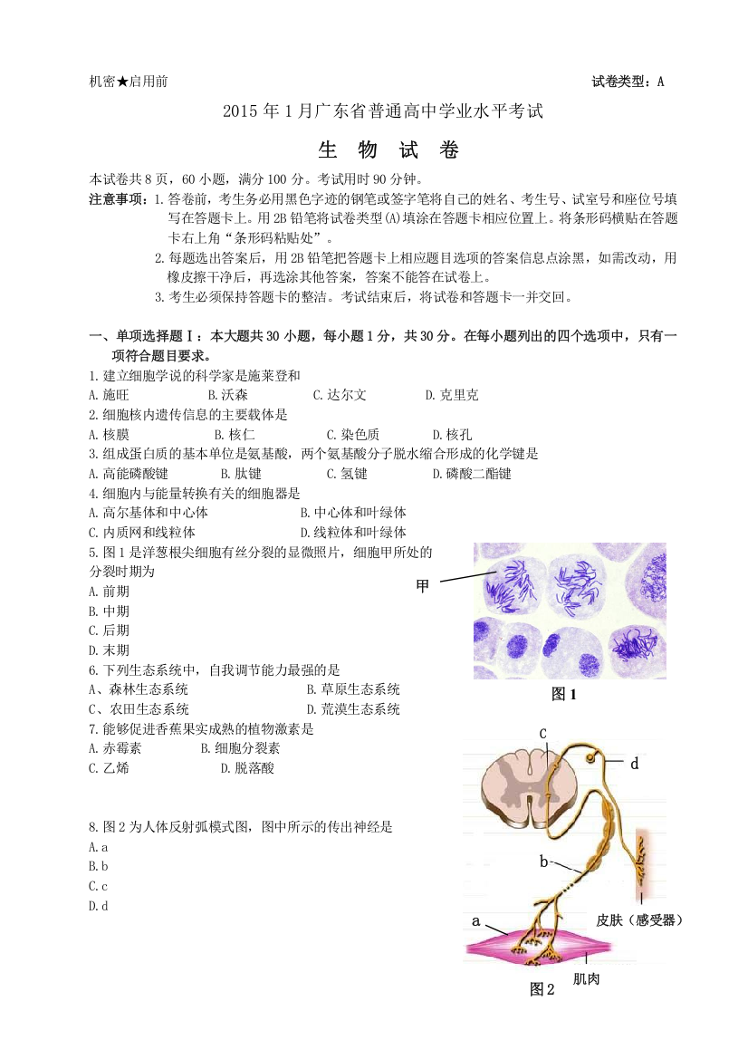 1月广东省生物学业水平考试手打版