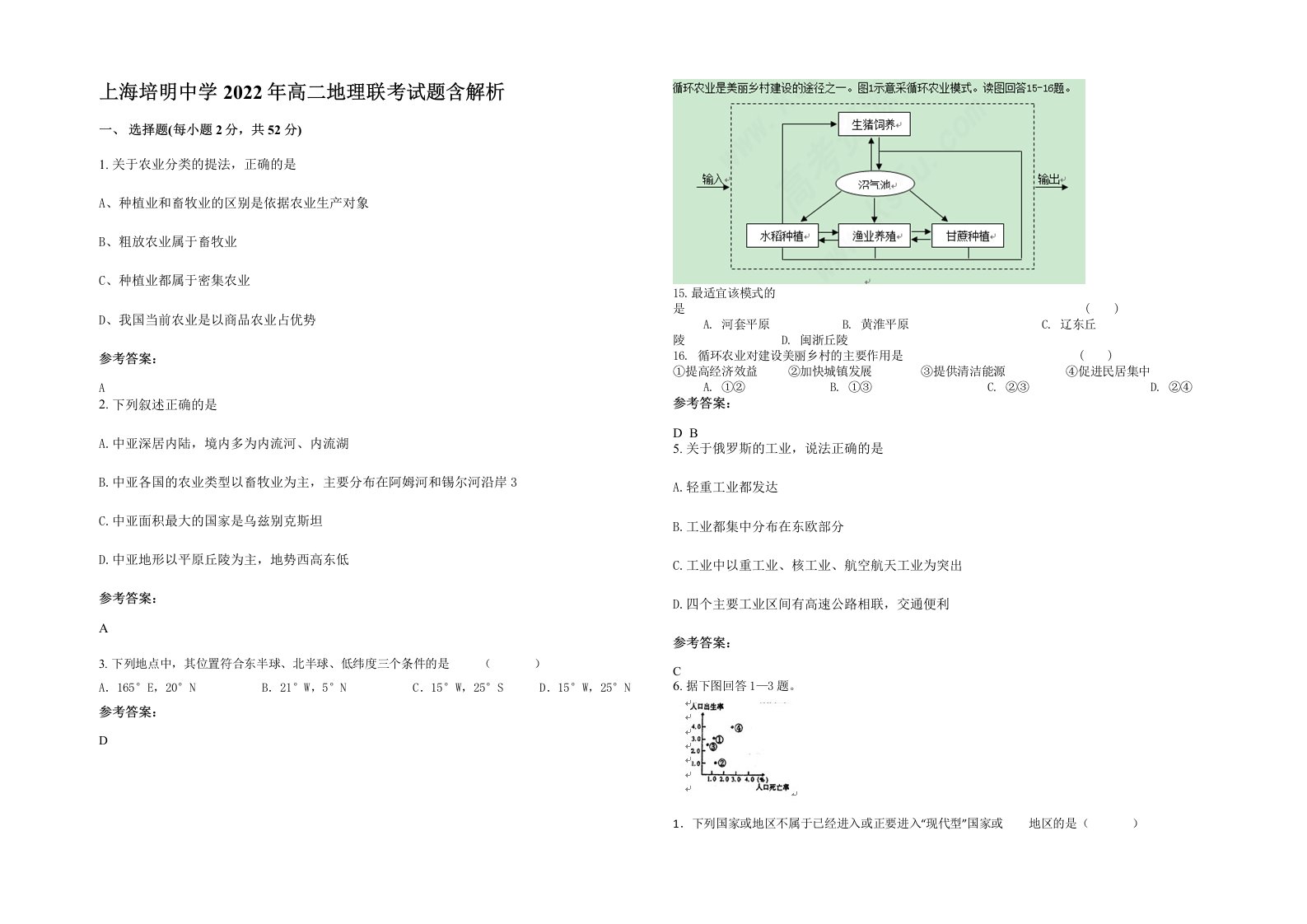 上海培明中学2022年高二地理联考试题含解析