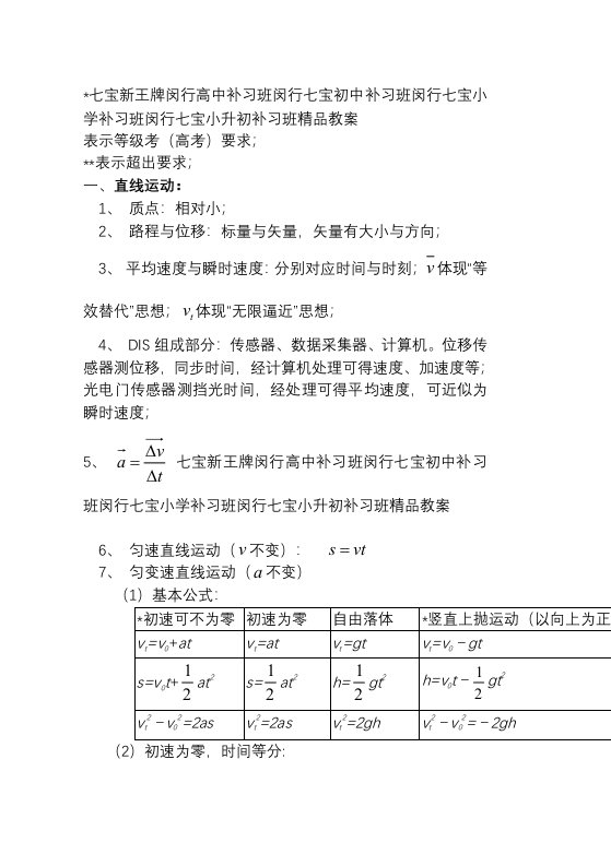 上海高中物理公式大全(等级考闵行七宝补习班