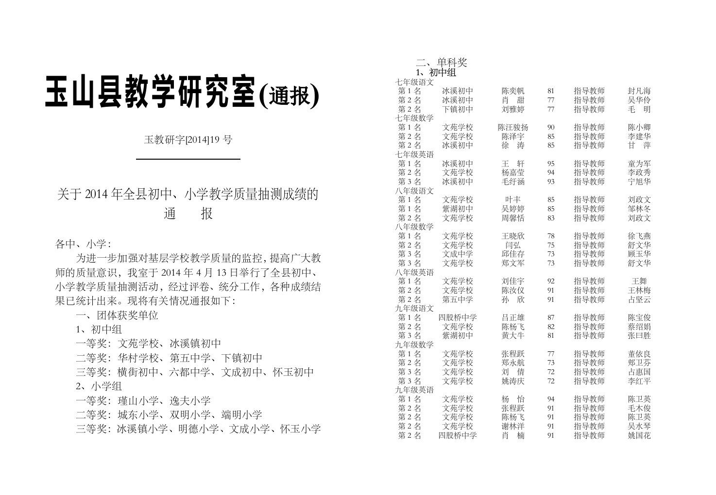 玉山县教学研究室通报