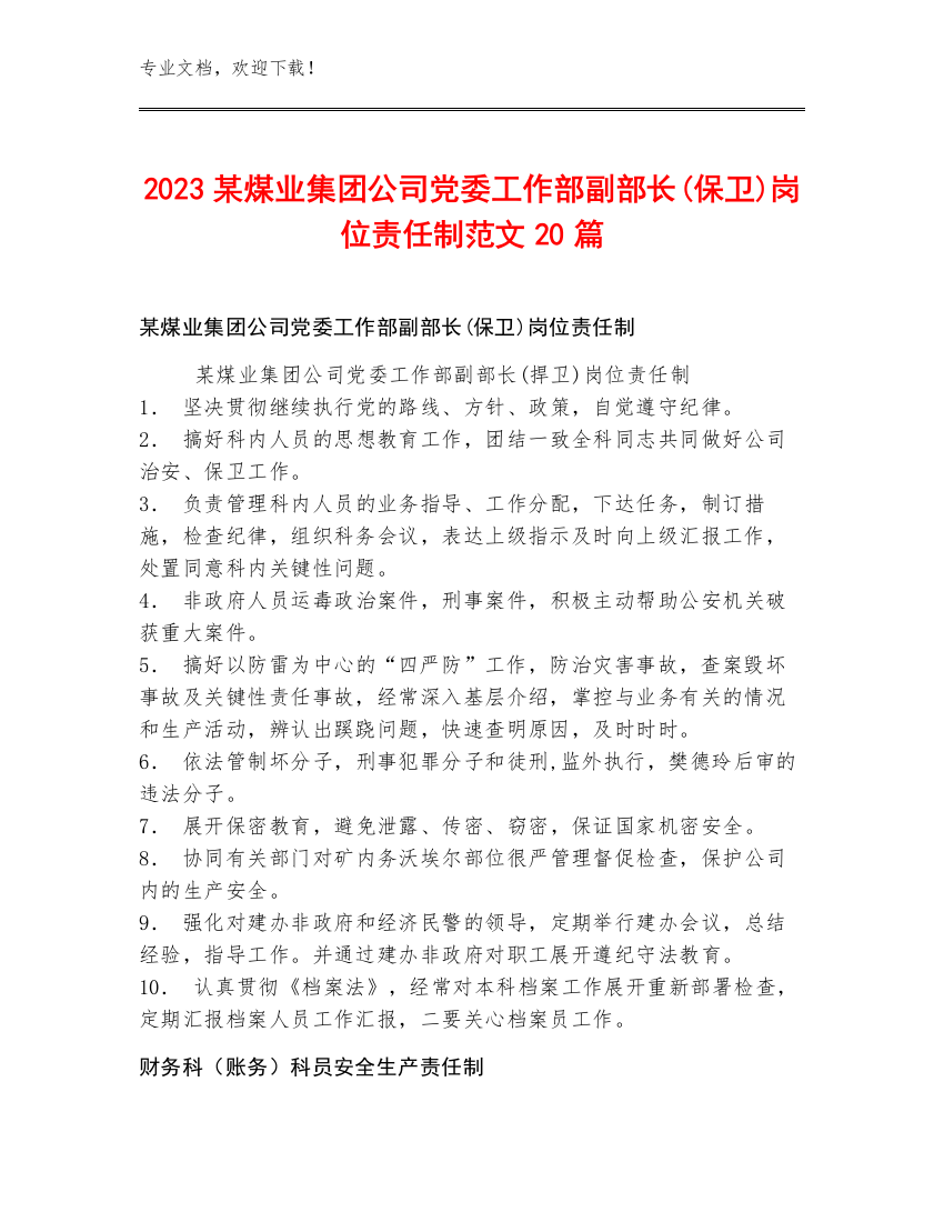 2023某煤业集团公司党委工作部副部长(保卫)岗位责任制范文20篇