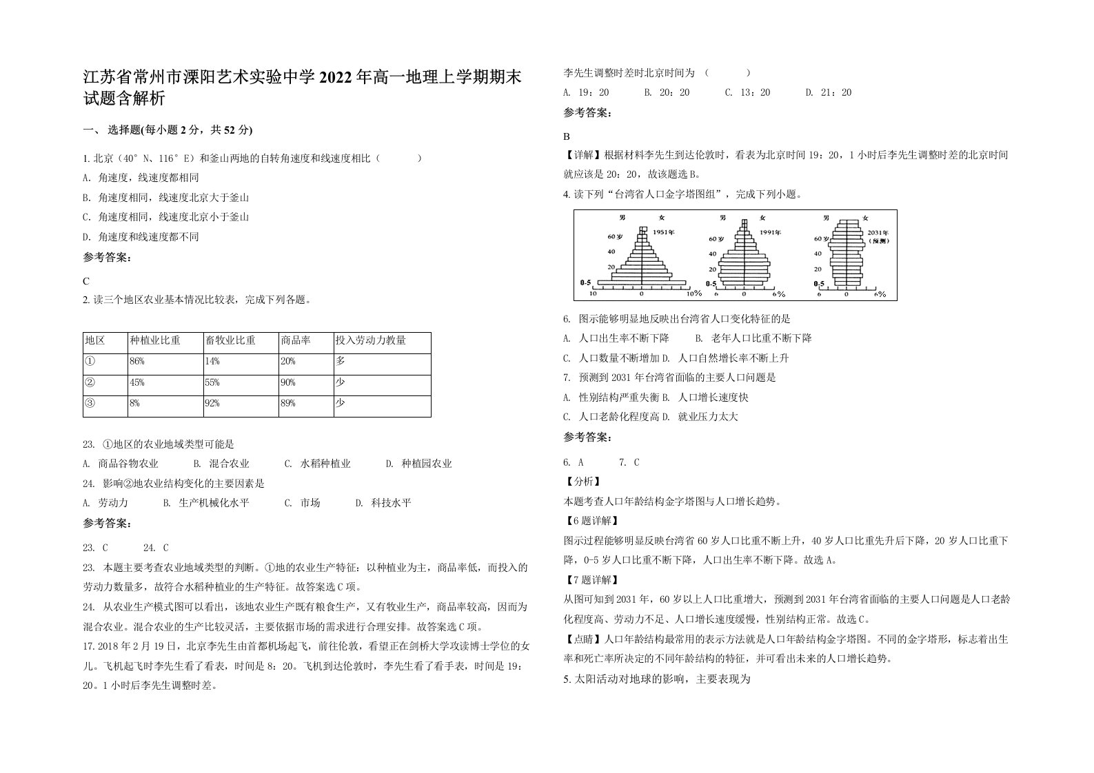 江苏省常州市溧阳艺术实验中学2022年高一地理上学期期末试题含解析