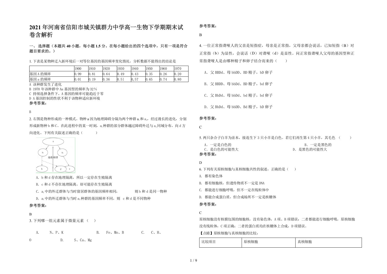 2021年河南省信阳市城关镇群力中学高一生物下学期期末试卷含解析