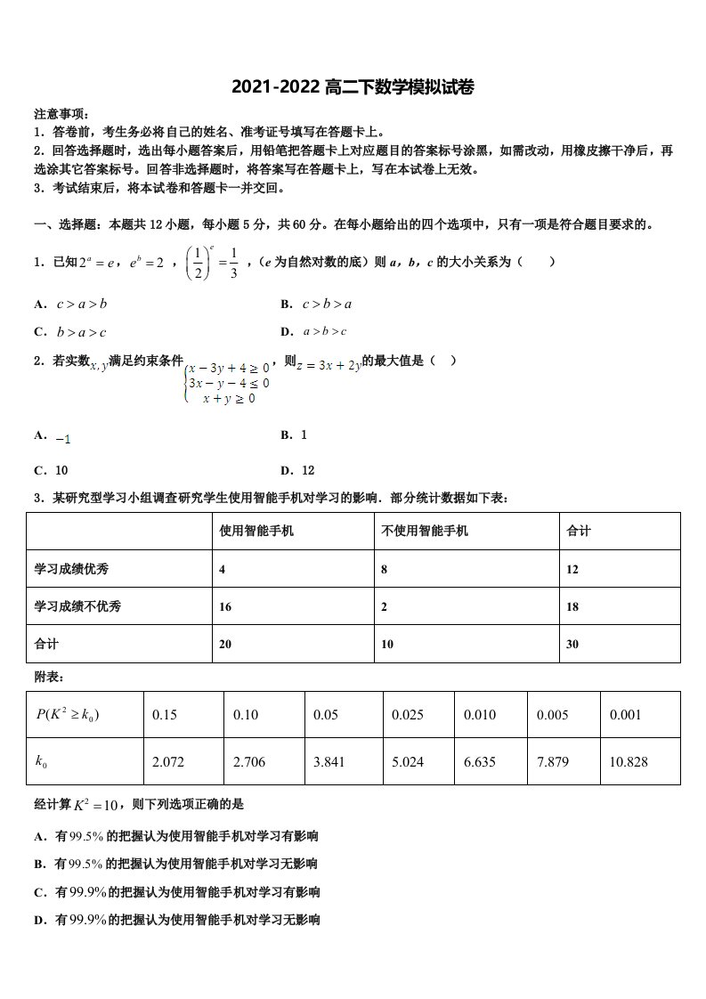 2022届四川省会理县第一中学数学高二第二学期期末达标检测试题含解析