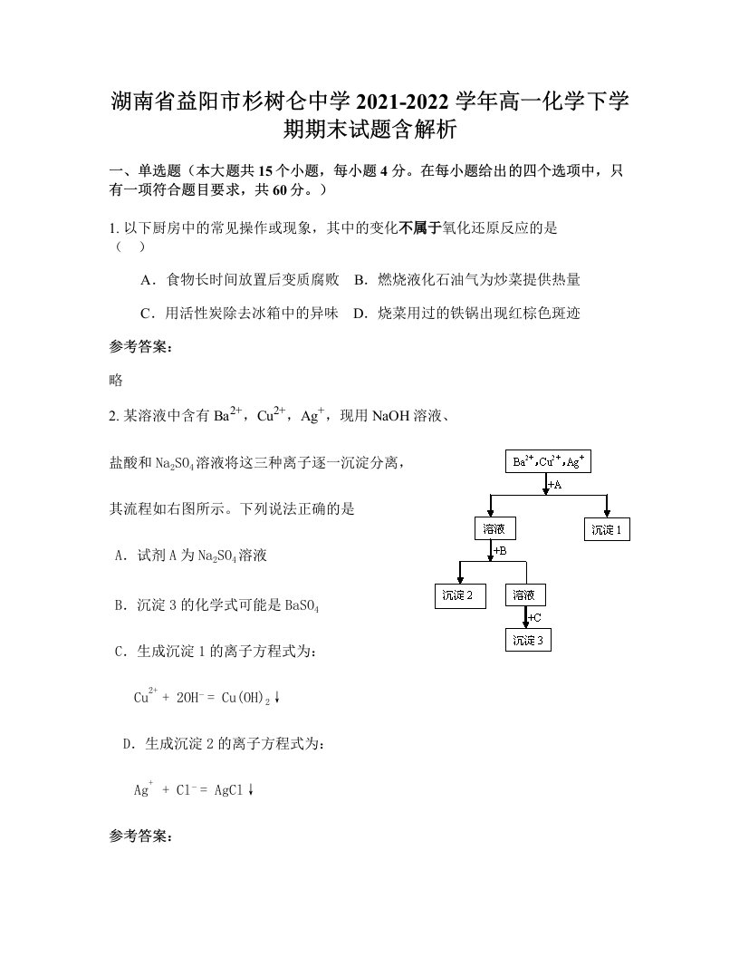 湖南省益阳市杉树仑中学2021-2022学年高一化学下学期期末试题含解析