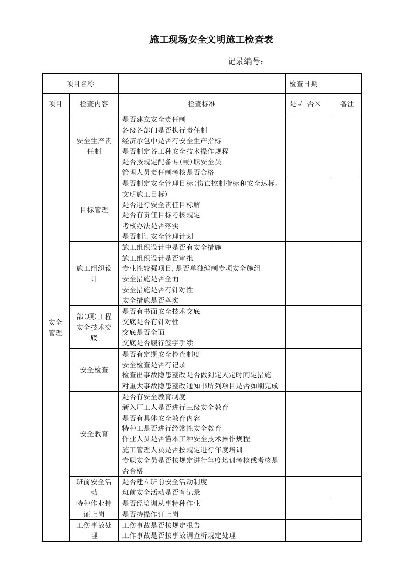 施工现场安全文明施工检查表