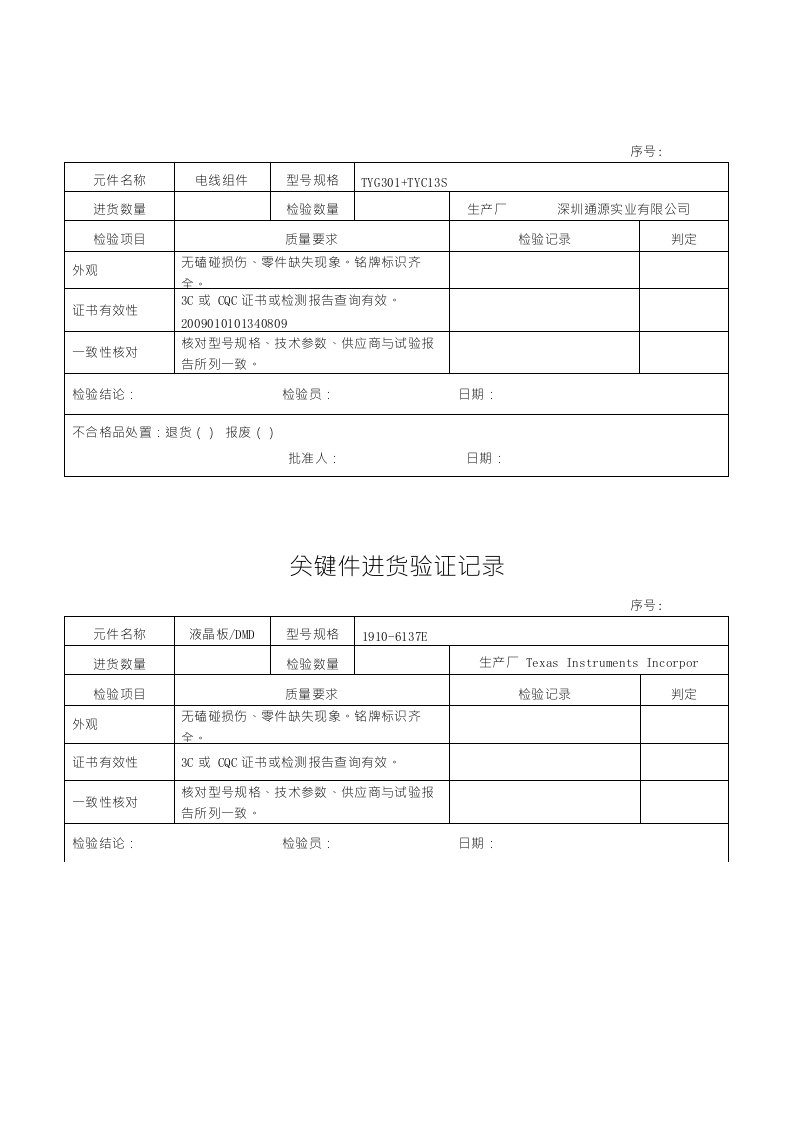 关键件进货验证记录