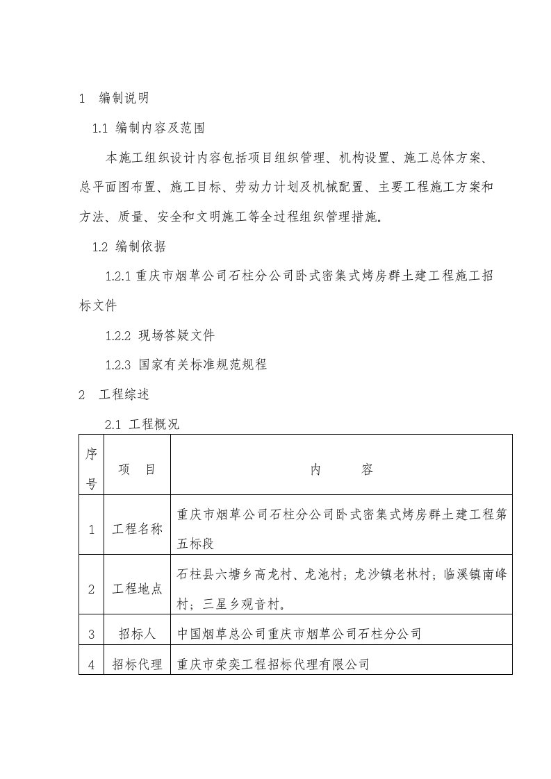 密集式烤房群土建工程施工组织设计项目组织管理机构设置施工方案施工目标等