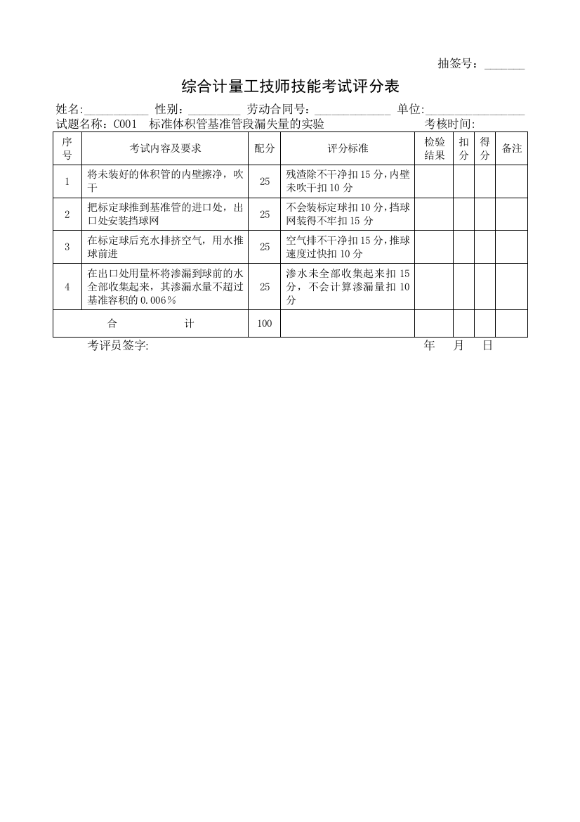 石油行业技能鉴定综合计量工技能考核评分记录表