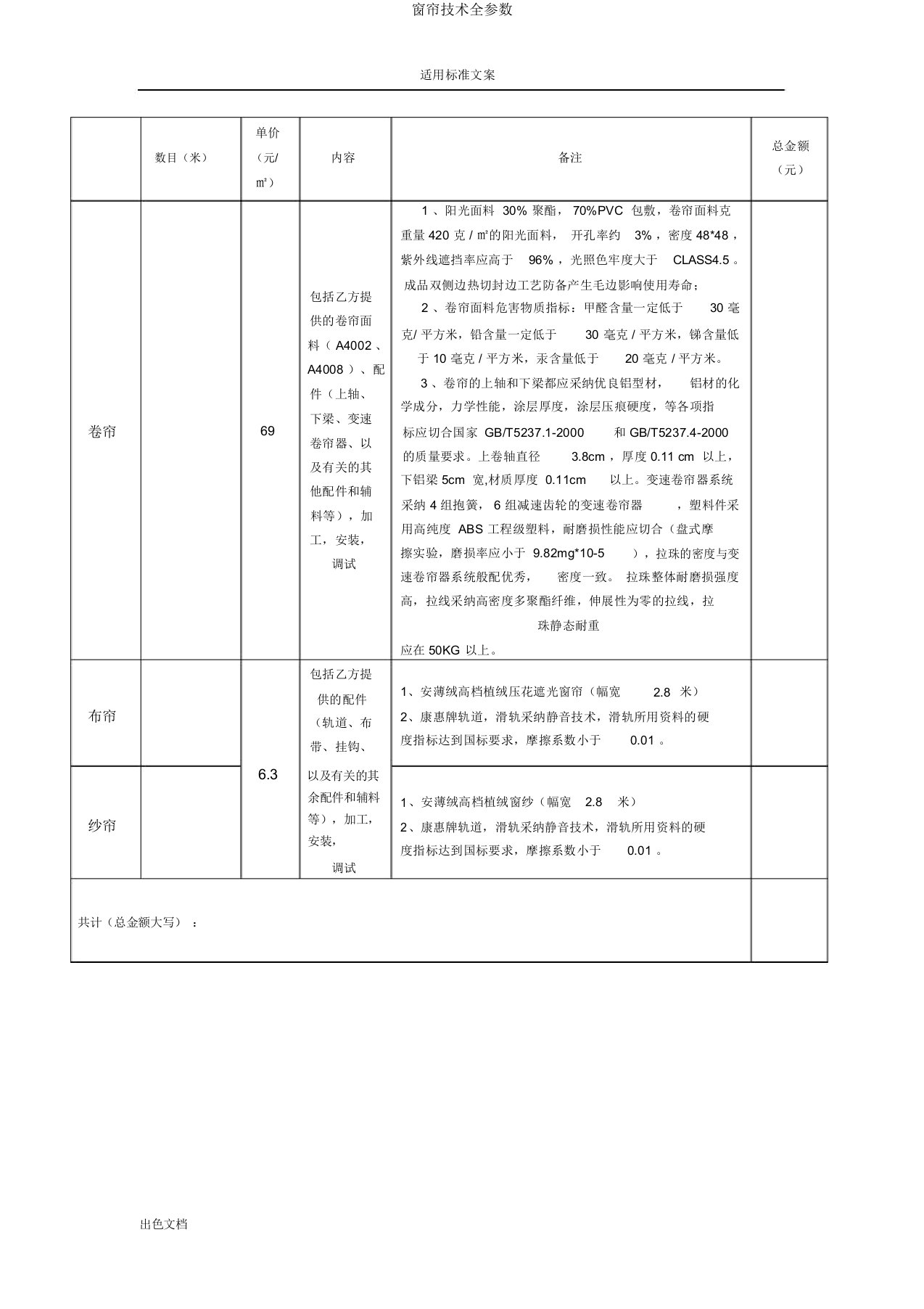 窗帘技术全参数