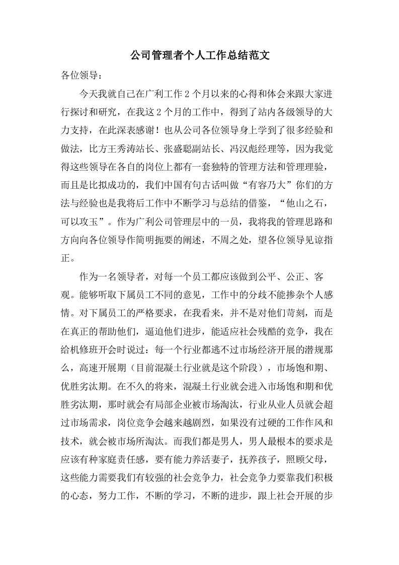 公司管理者个人工作总结范文