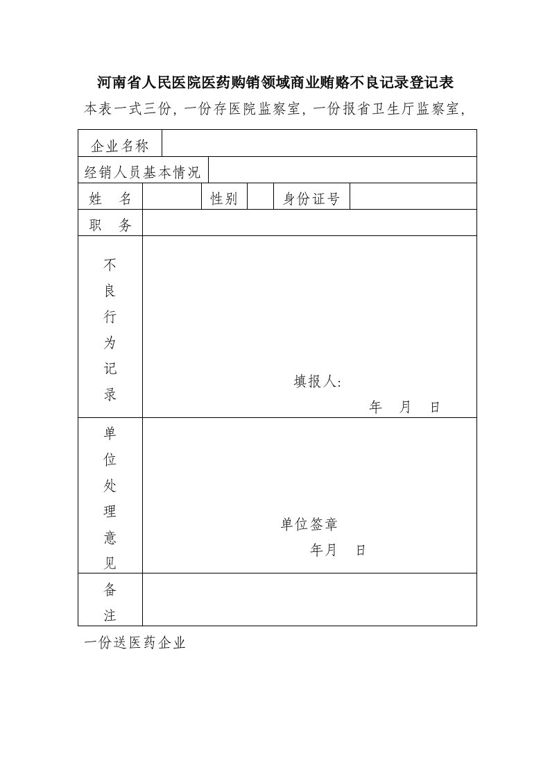 河南省人民医院医药购销领域商业贿赂不良记录登记表