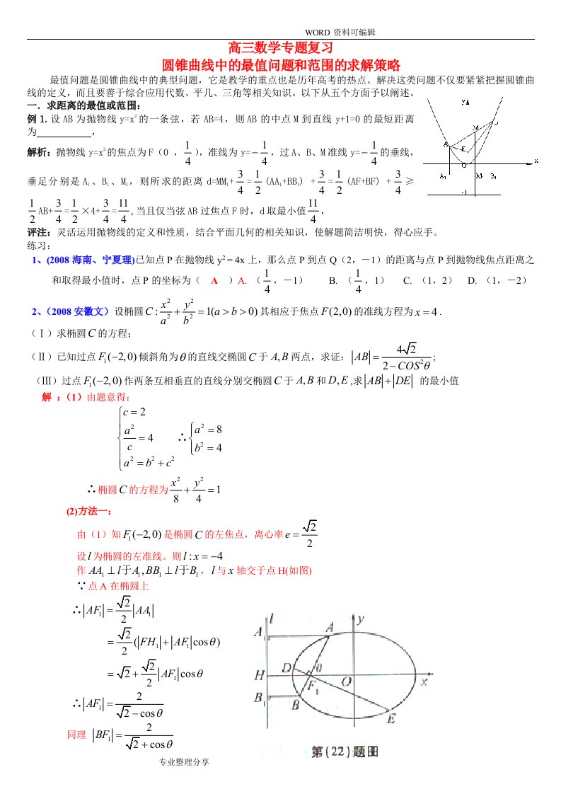 专题圆锥曲线中的最值及范围问题