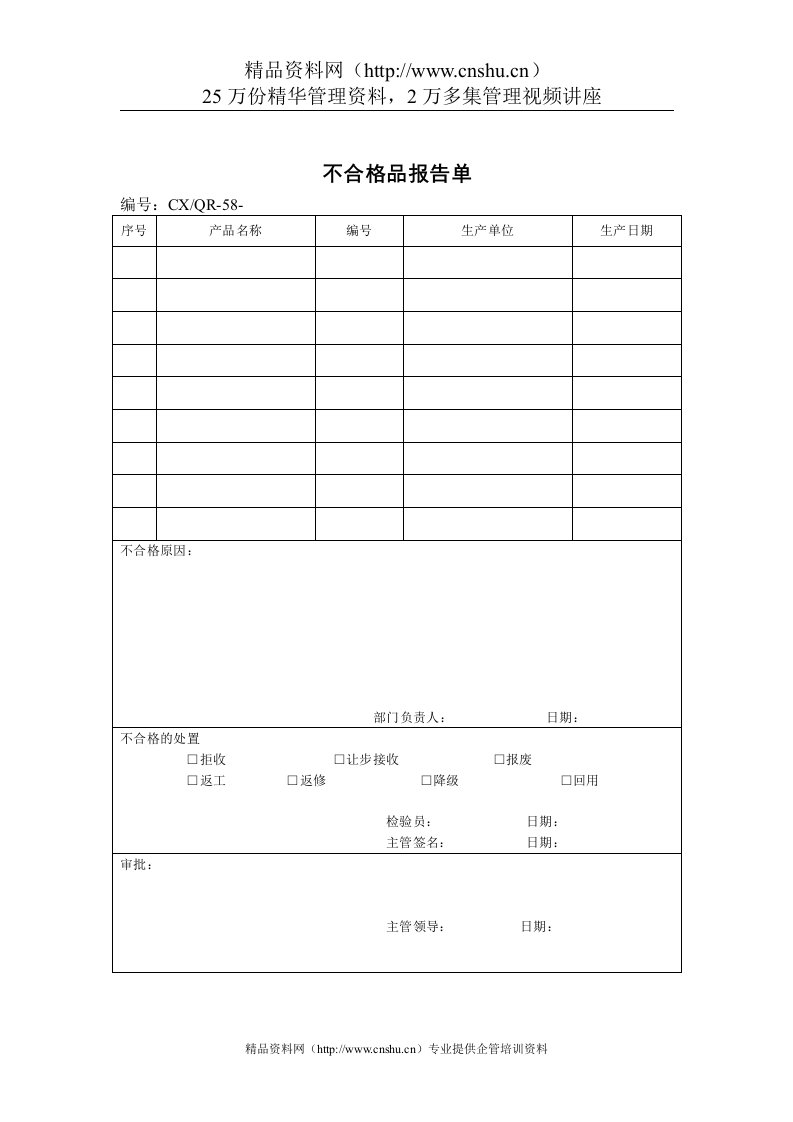 品质检验表格-不合格品报告单