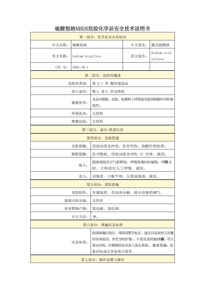 硫酸氢钠MSDS危险化学品安全技术说明书