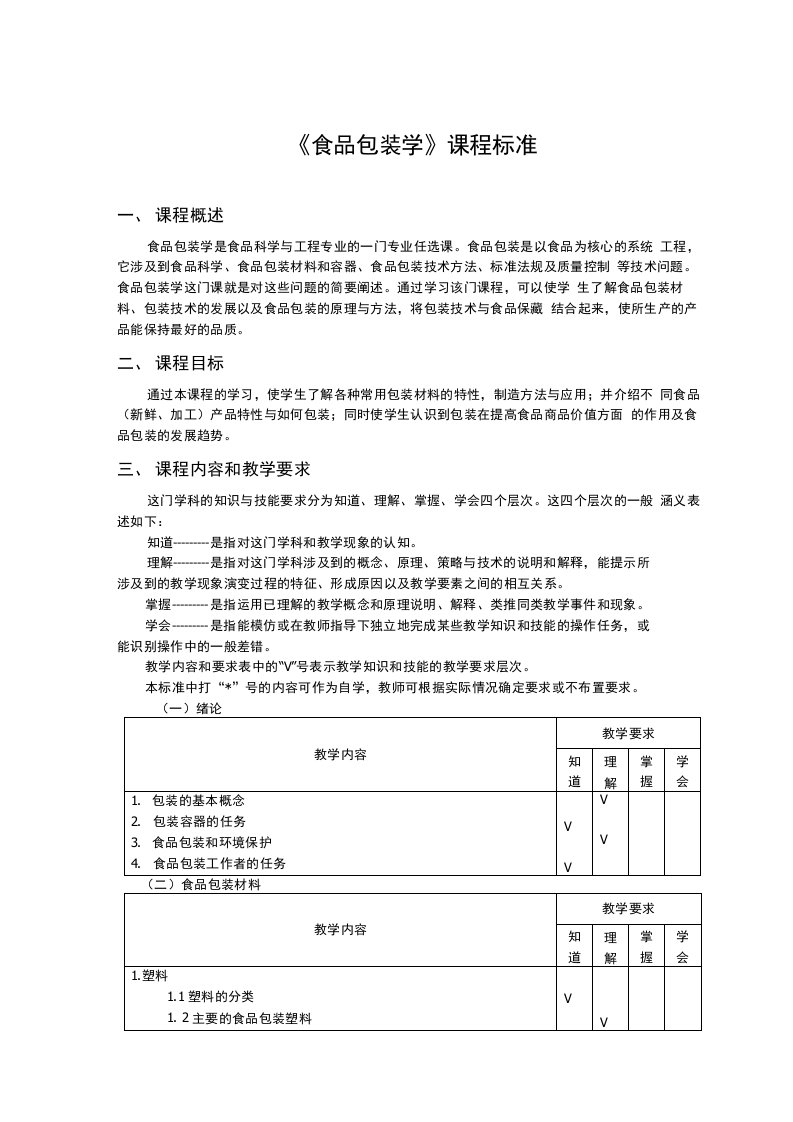 《食品包装学》课程标准