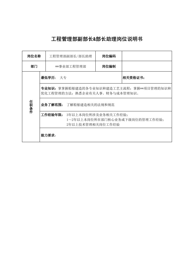 广船国际事业部工程管理部副部长&部长助理岗位说明书