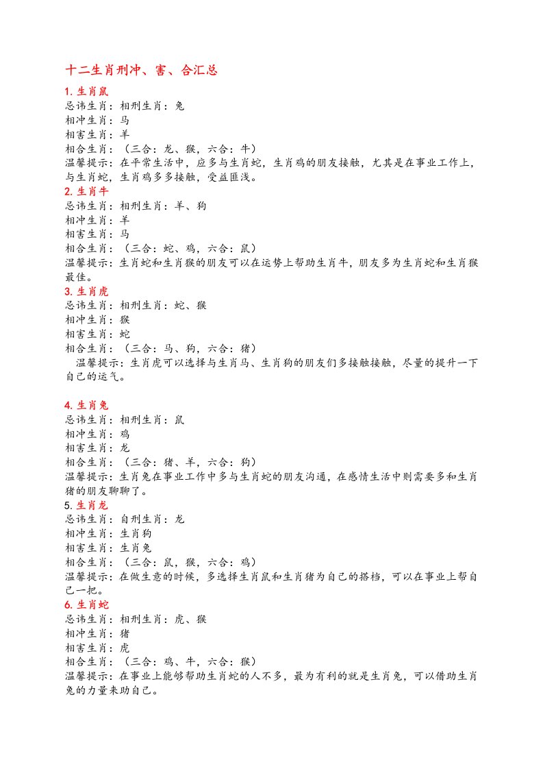 十二生肖刑冲害合汇总