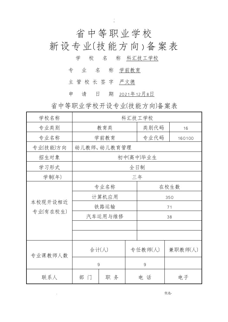 学前教育江西省中等职业学校新设专业备案表