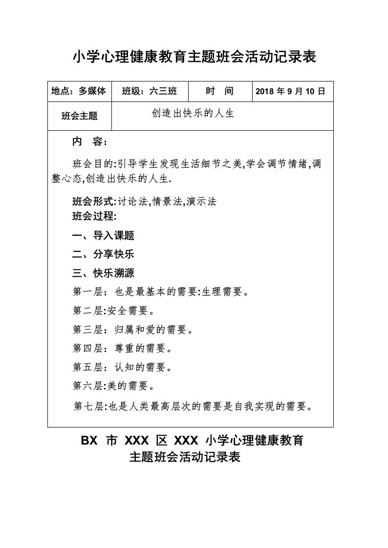 小学心理健康教育主题班会活动记录表