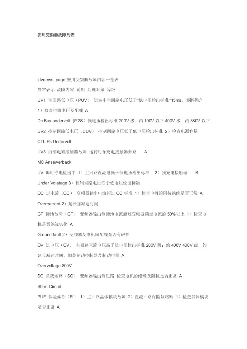 变频器故障列表