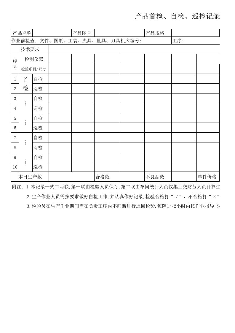 产品首检、自检、巡检记录表