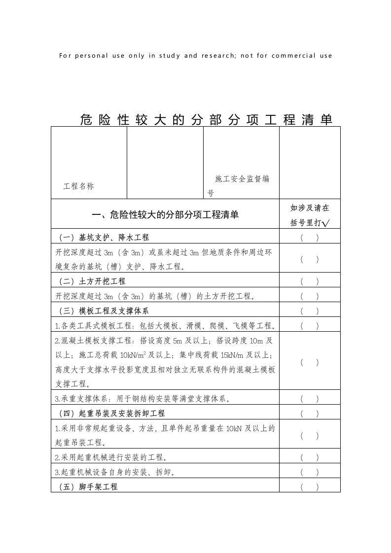 危险性较大的分部分项工程清单