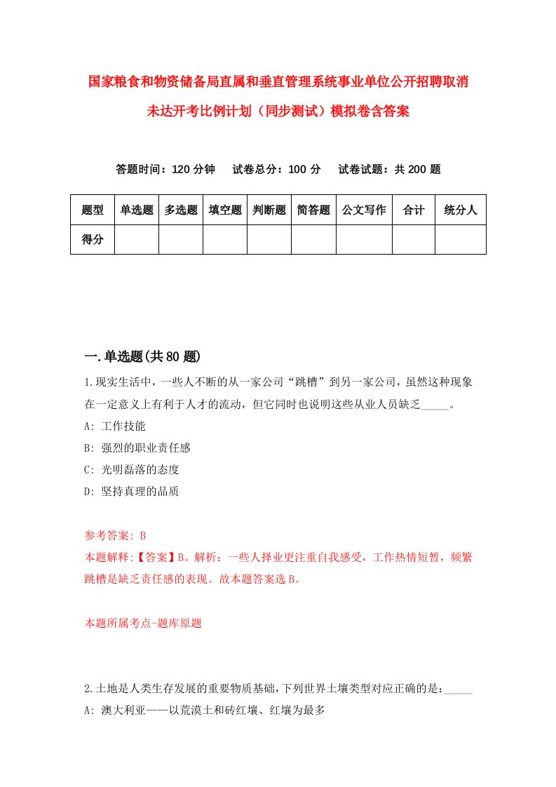 国家粮食和物资储备局直属和垂直管理系统事业单位公开招聘取消未达开考比例计划同步测试模拟卷含答案1