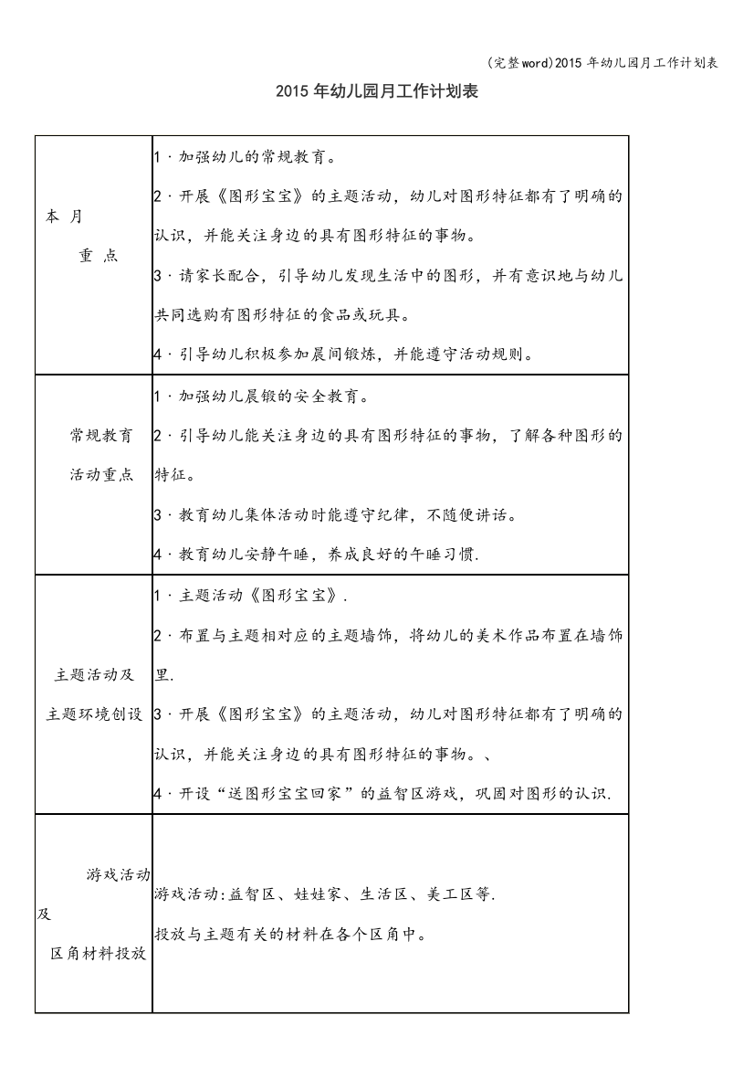 2015年幼儿园月工作计划表