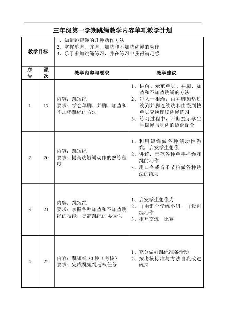 三年级第一学期跳绳单项教学计划