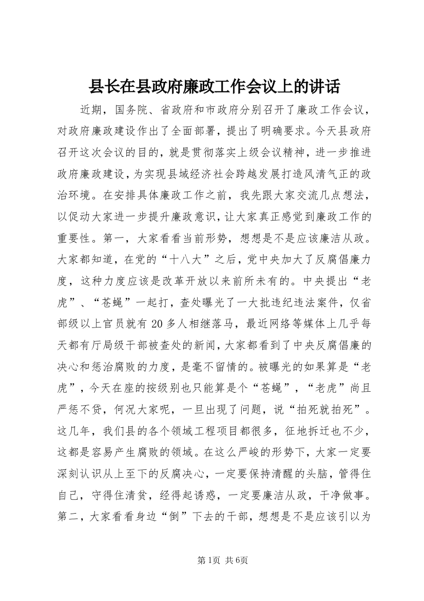 县长在县政府廉政工作会议上的讲话