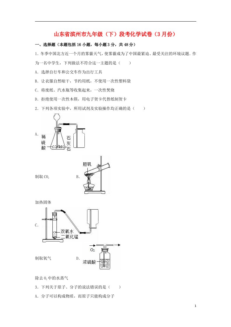 山东省滨州市九级化学下学期3月段考试题（含解析）