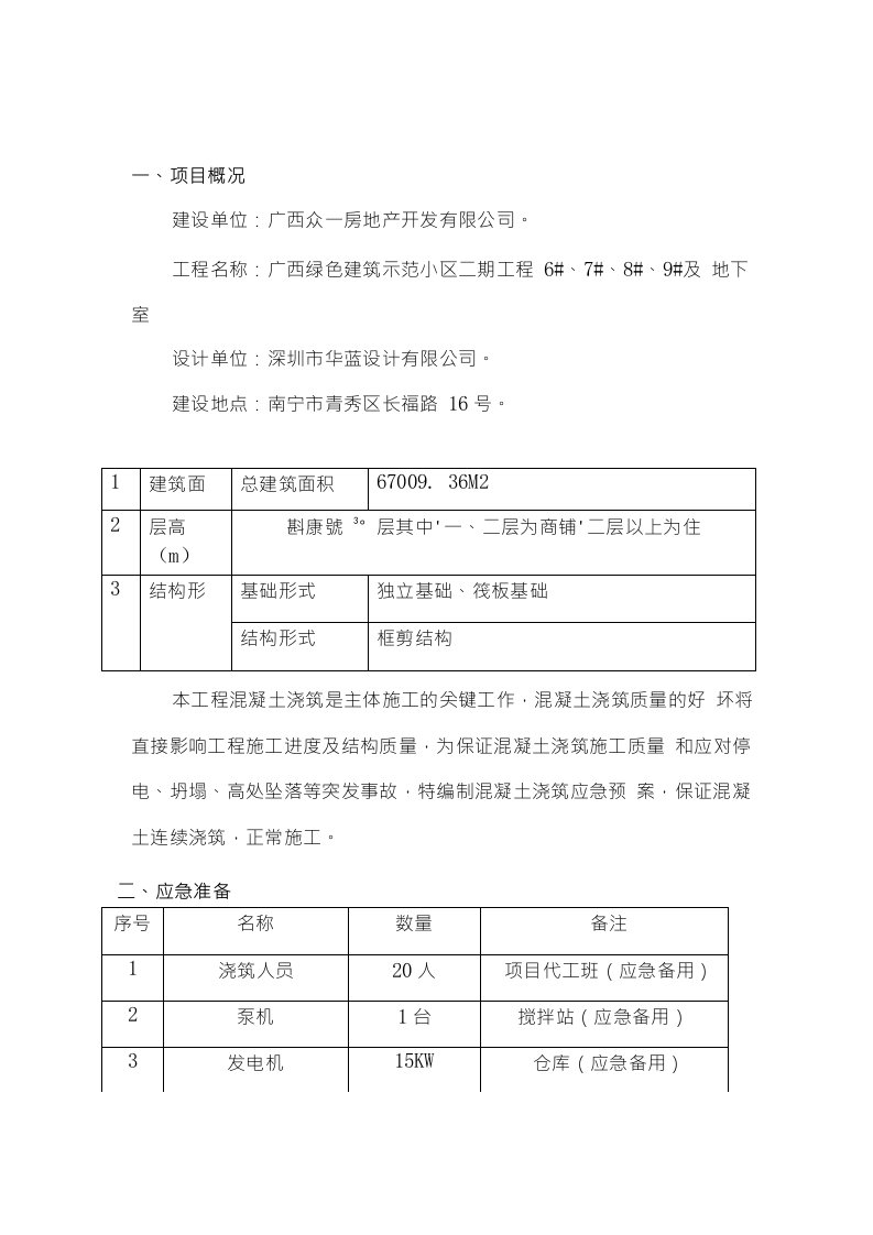 二期混凝土浇筑应急方案